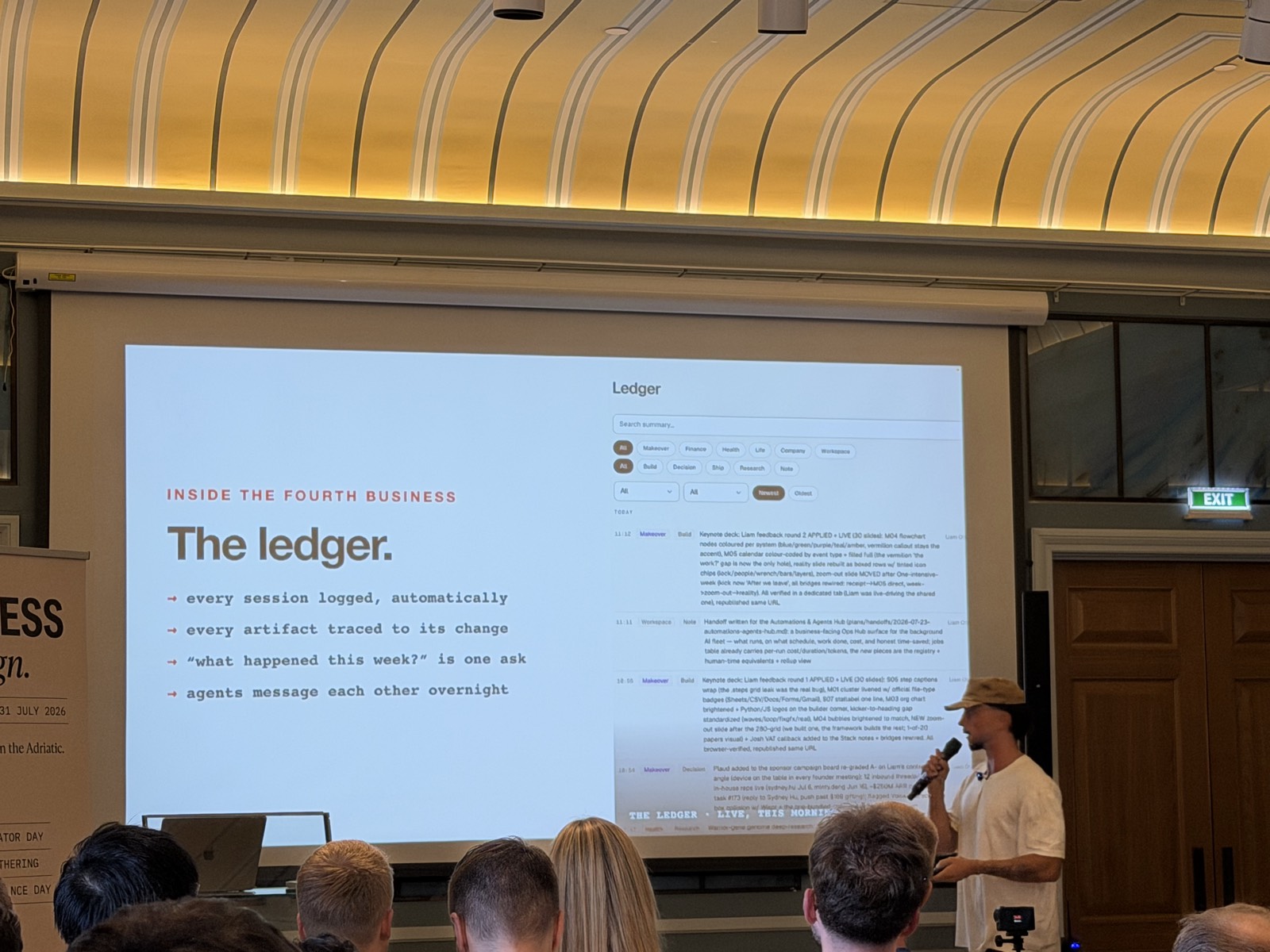 "Inside the fourth business - The ledger": every session logged, agents message each other overnight