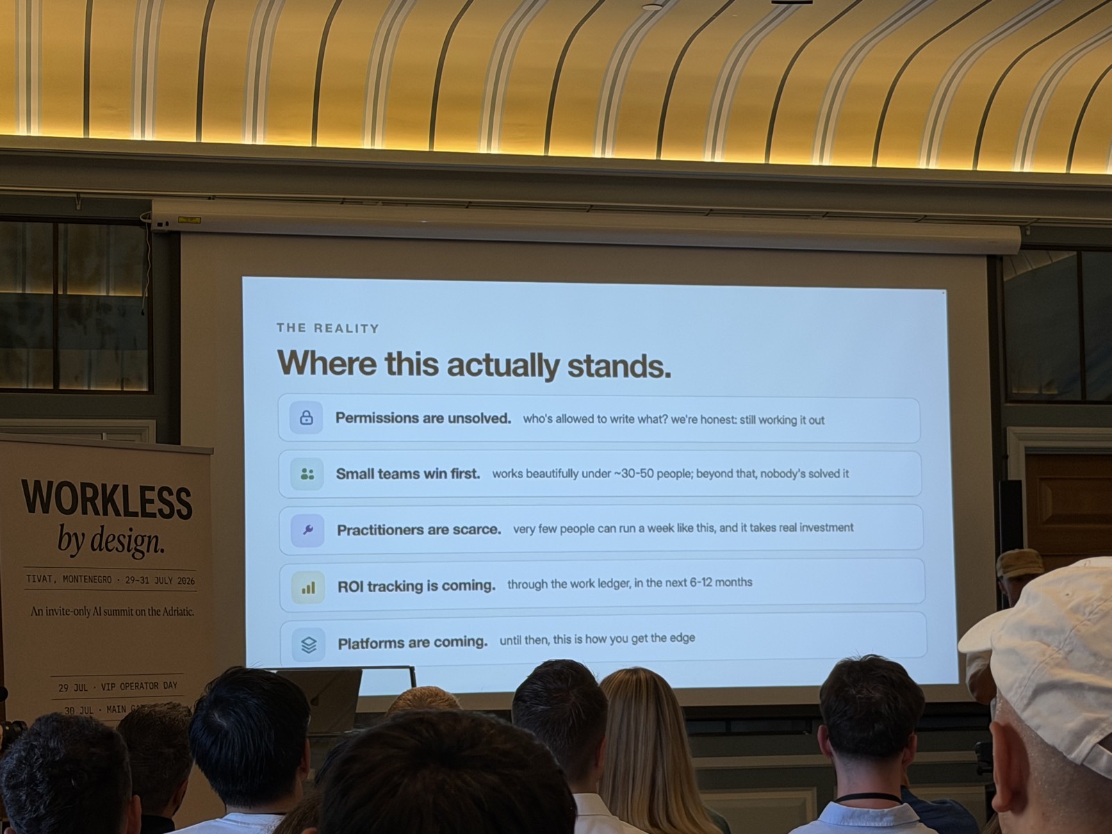 "Where this actually stands" - permissions unsolved, works under ~30-50 people, practitioners scarce