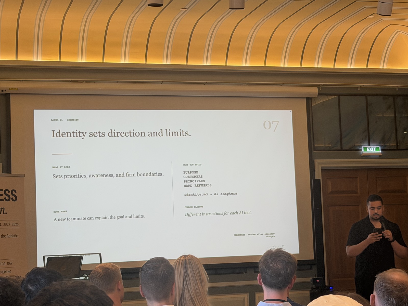 Slide 07: "Identity sets direction and limits" - identity.md, hard refusals