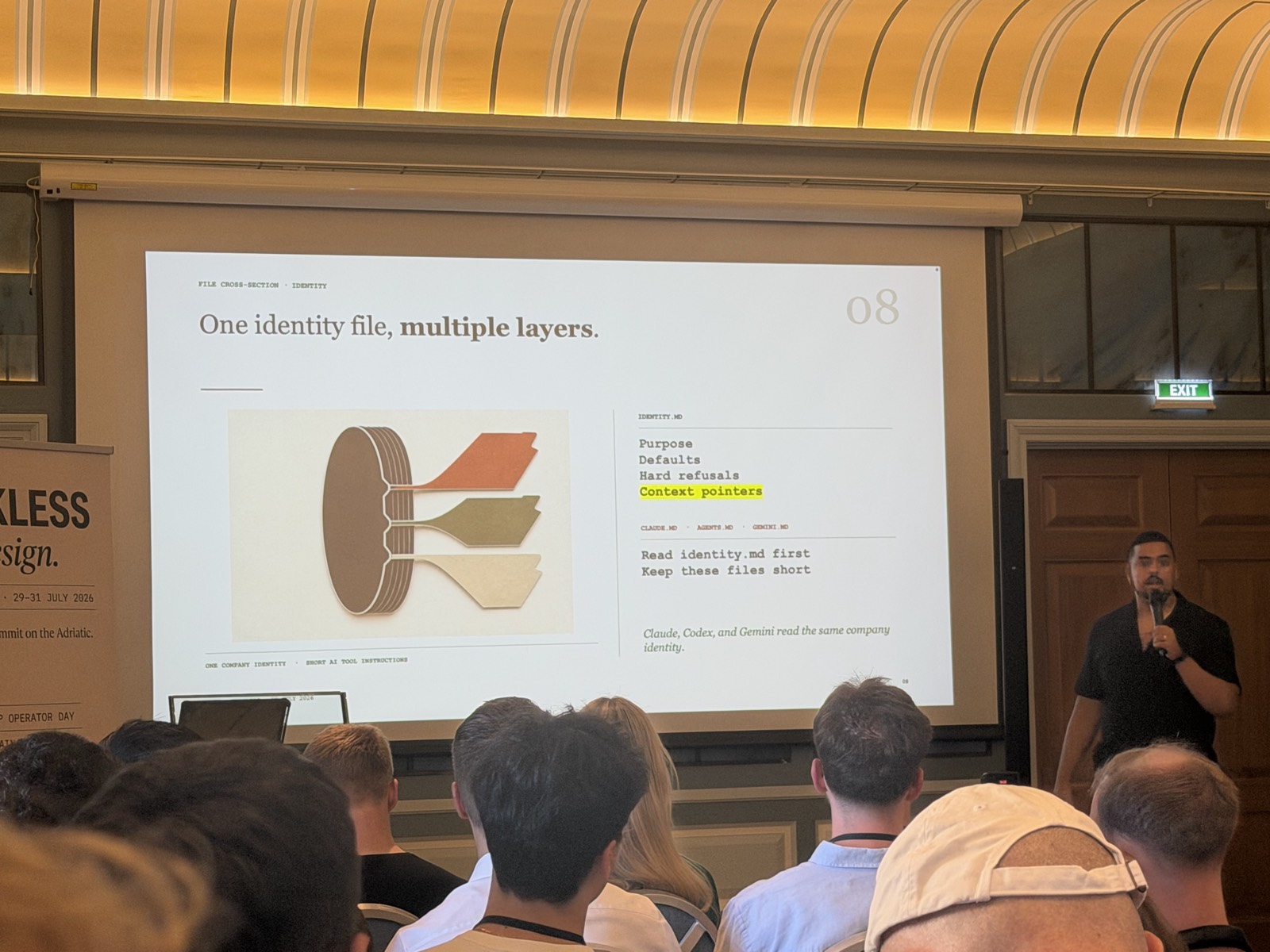 Slide 08: "One identity file, multiple layers" - Claude, Codex and Gemini read the same identity