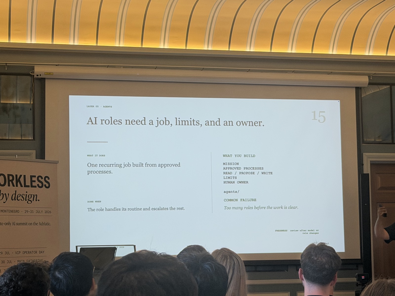 Slide 15: "AI roles need a job, limits, and an owner"