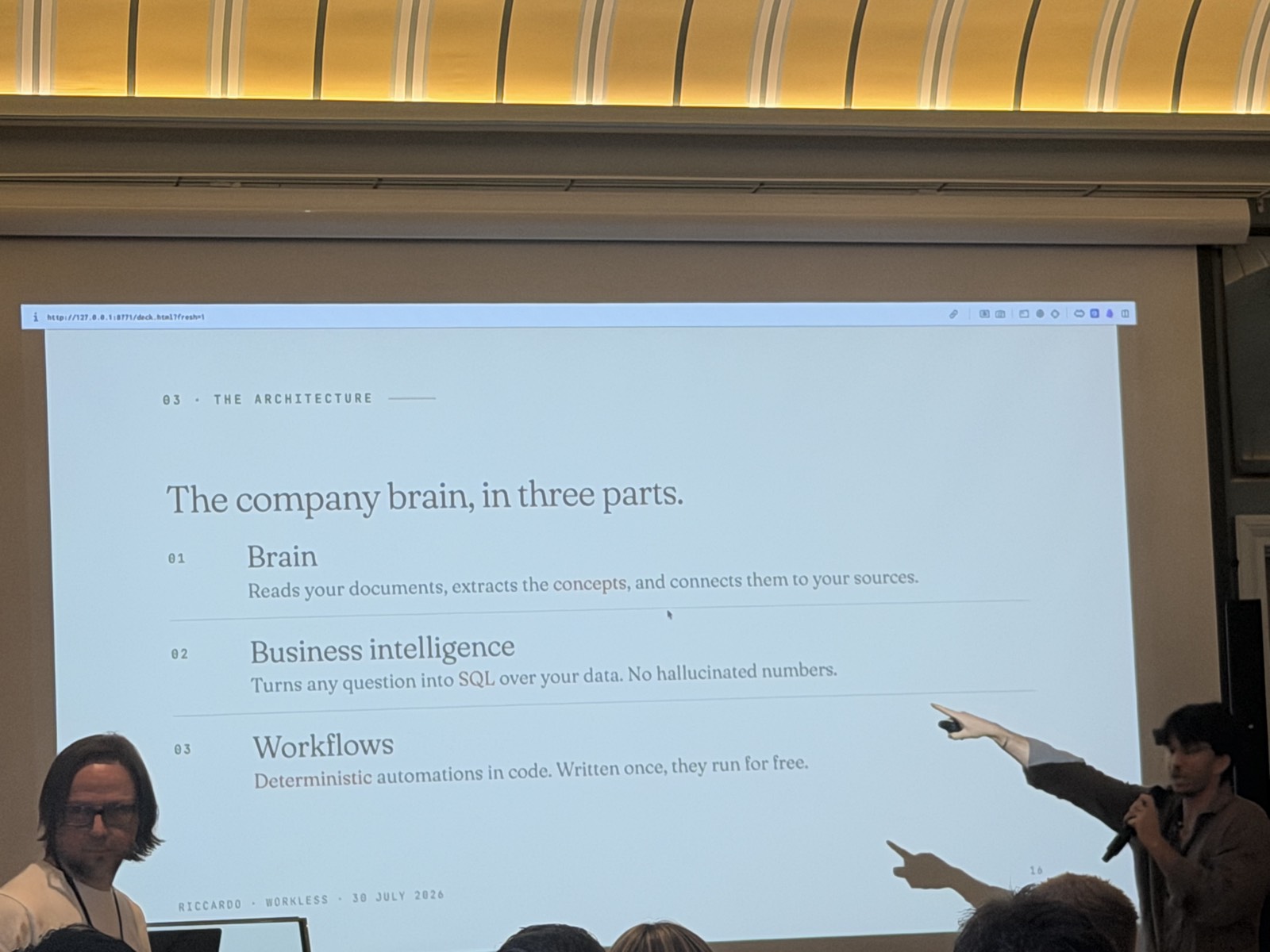 "The company brain, in three parts" - brain / BI (text-to-SQL) / deterministic workflows. Deck footer: RICCARDO