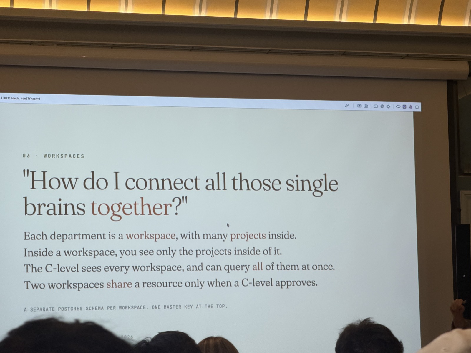 "How do I connect all those single brains?" - workspace per department, C-level queries all