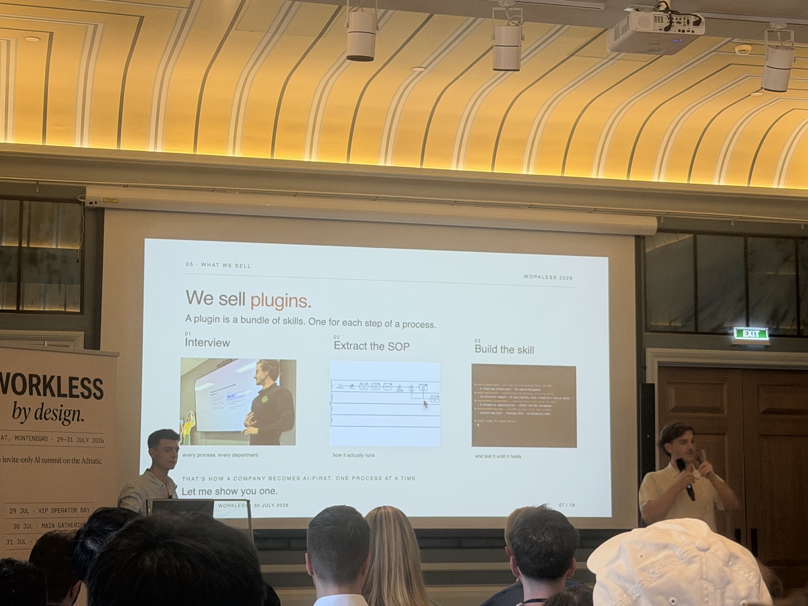 Slide 05: "We sell plugins" - a plugin is a bundle of skills; Interview / Extract the SOP / Build the skill
