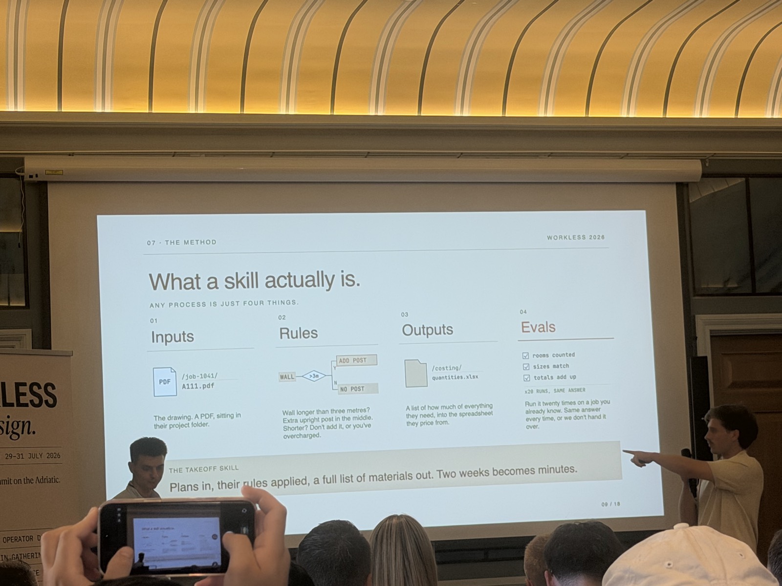 Slide 07: "What a skill actually is" - inputs / rules / outputs / evals; "run it twenty times, same answer, or we don't hand it over"