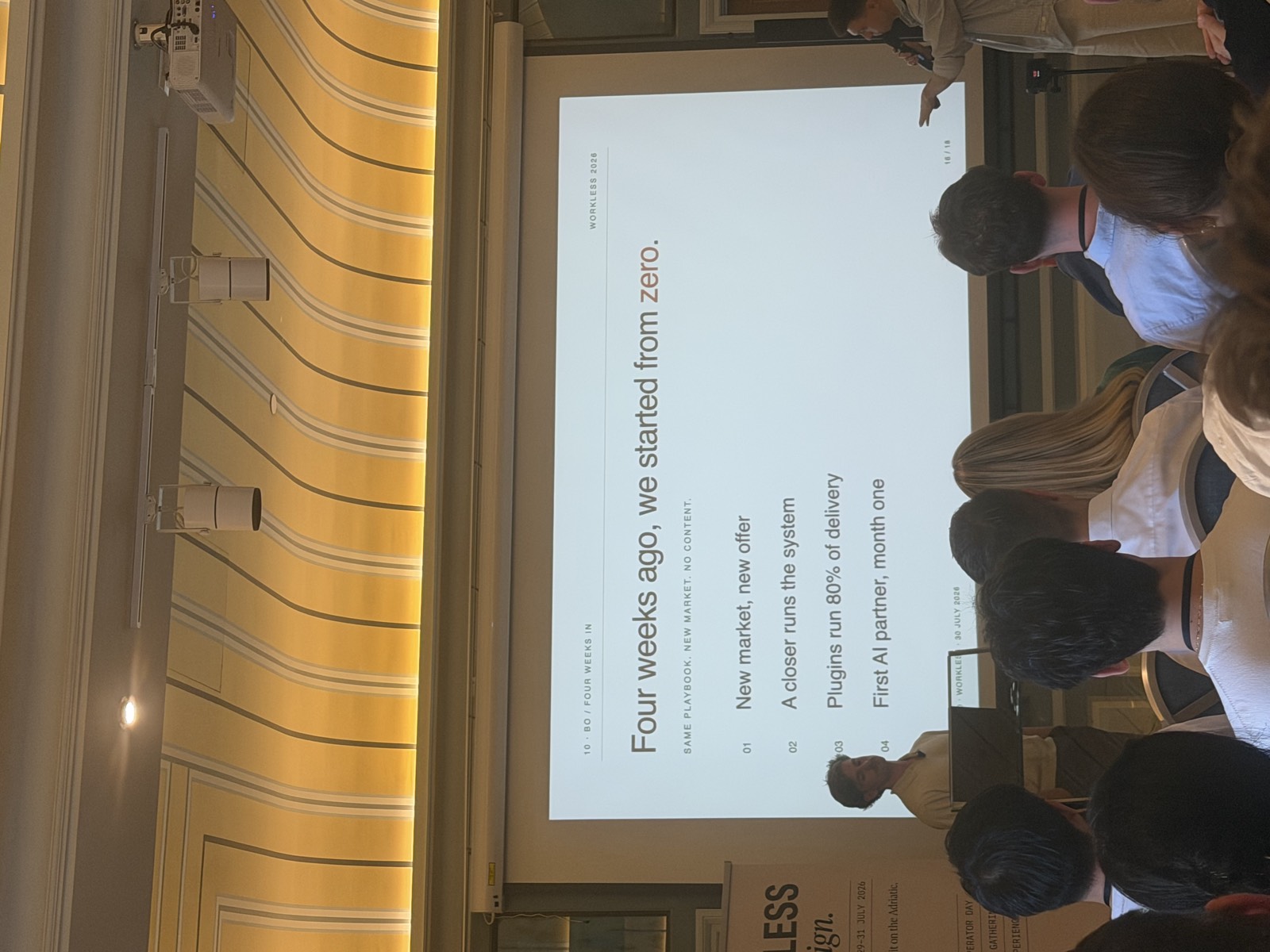 Slide 10: "Four weeks ago, we started from zero" - plugins run 80% of delivery