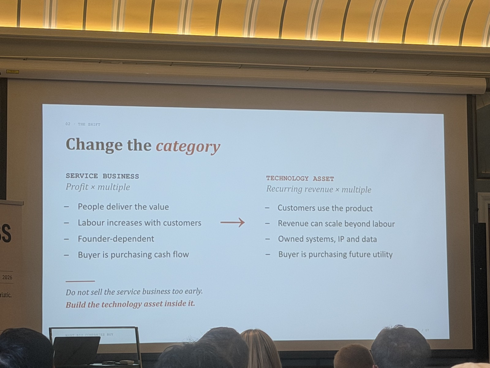 "Change the category" - service business (profit x multiple) vs technology asset (recurring revenue x multiple)