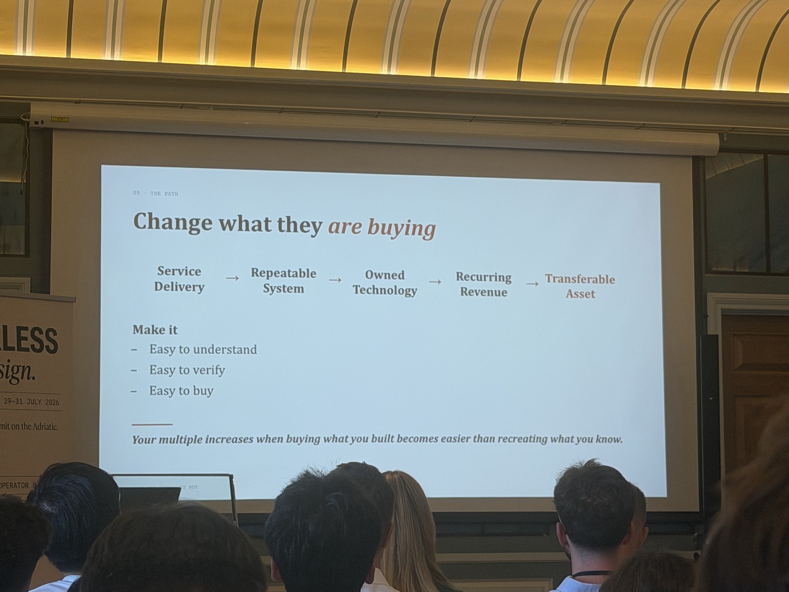 "Change what they are buying" - service delivery to repeatable system to owned technology to transferable asset