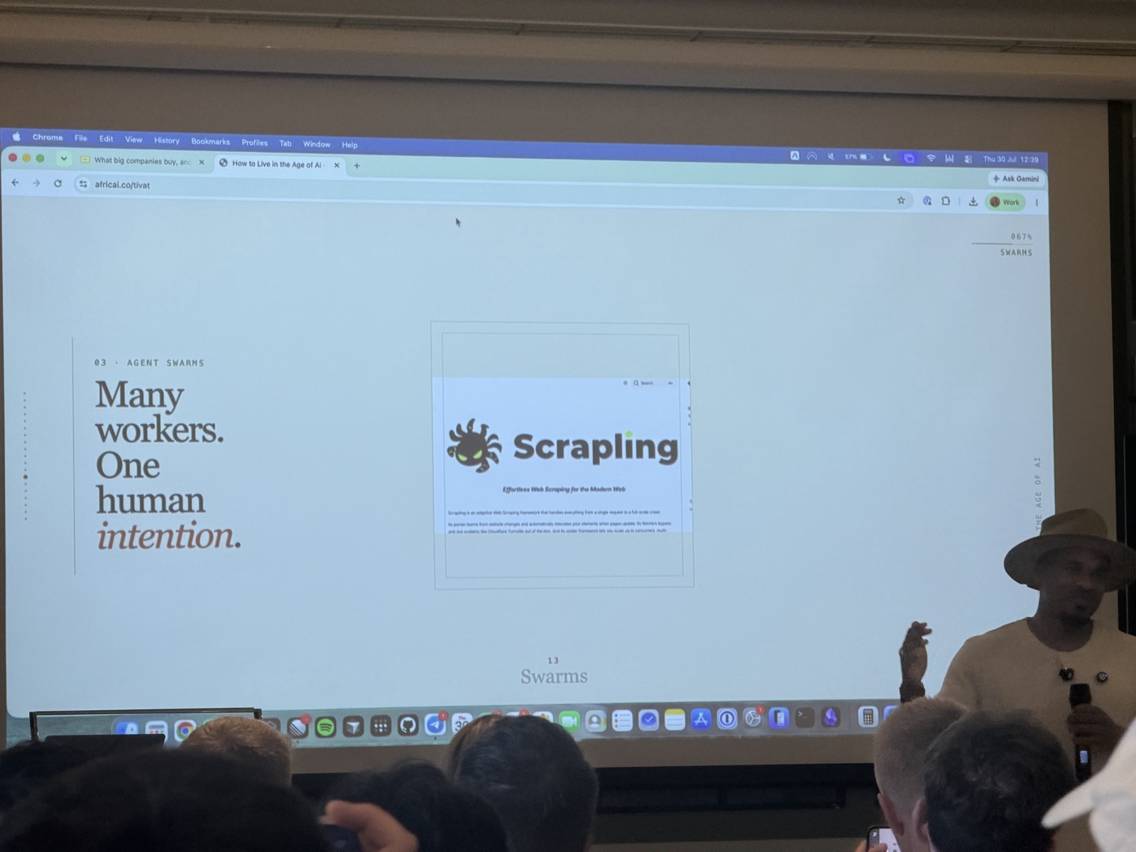 "How to Live in the Age of AI" at africai.co/tivat - section 03 Agent Swarms: "Many workers. One human intention."