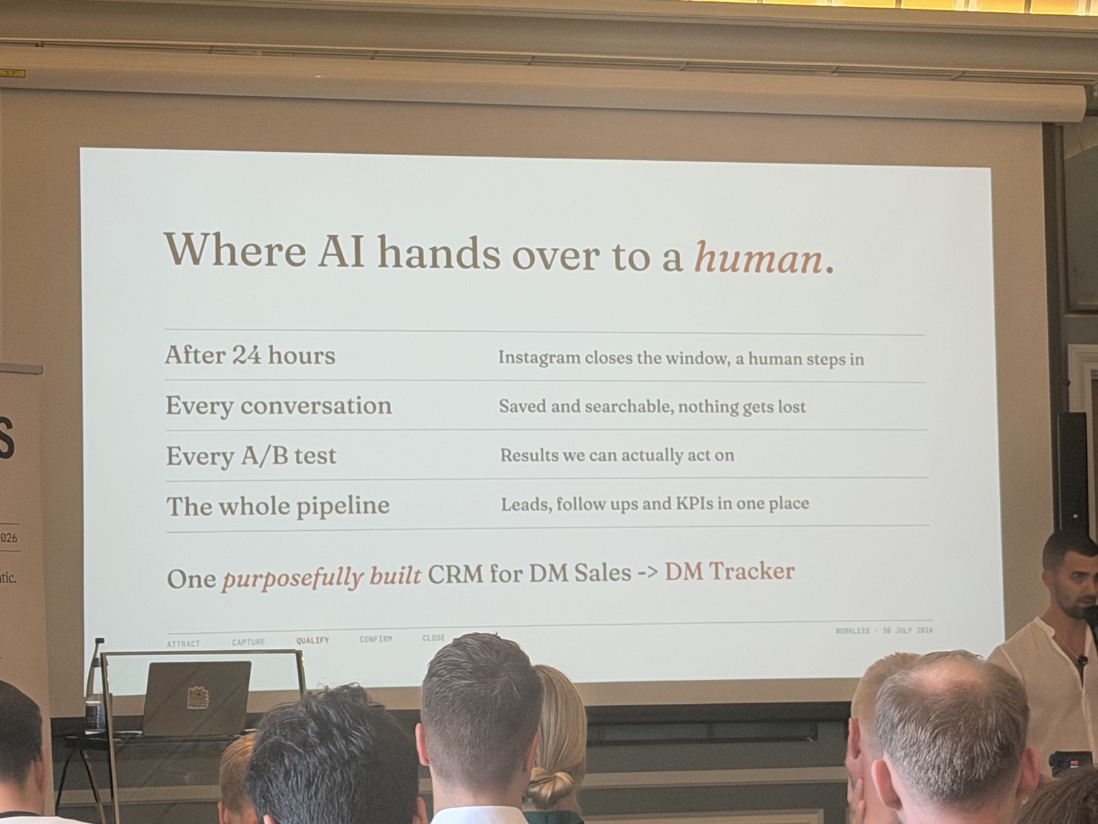 "Where AI hands over to a human" - the 24h window, every conversation saved, the DM Tracker CRM